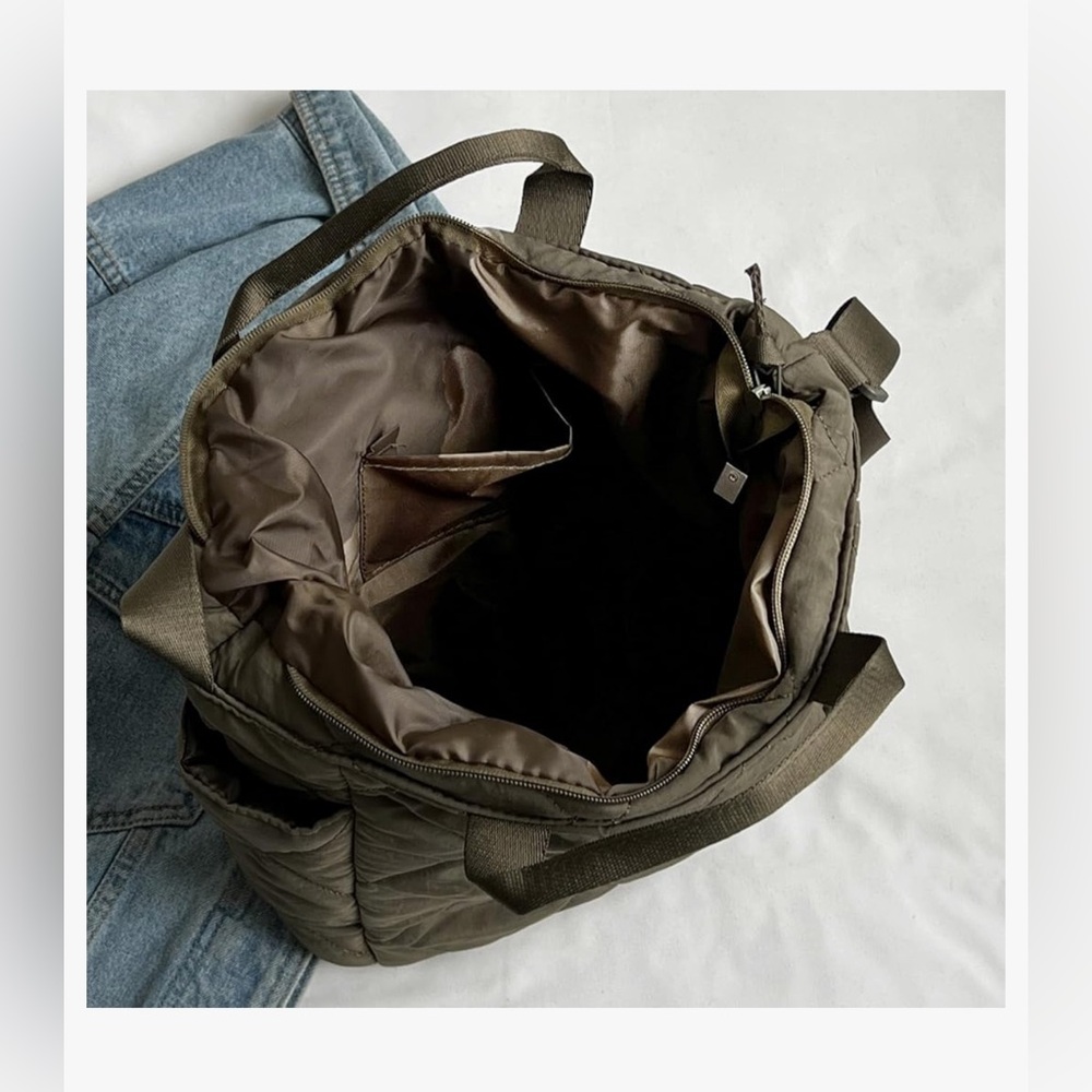 Quilted Olive Green Tote Bag - Lightweight Shoulder & Hand Carry - Picture 5 of 6